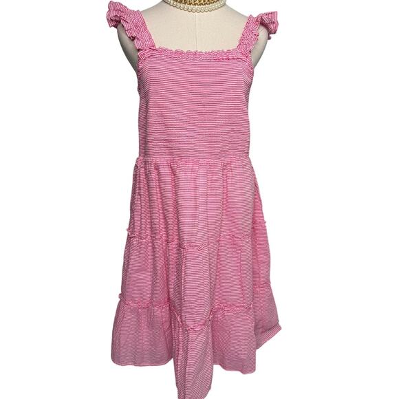 J. Crew Factory Striped Smocked Tiered Mini Dress ruffle pink size large L - Picture 3 of 8